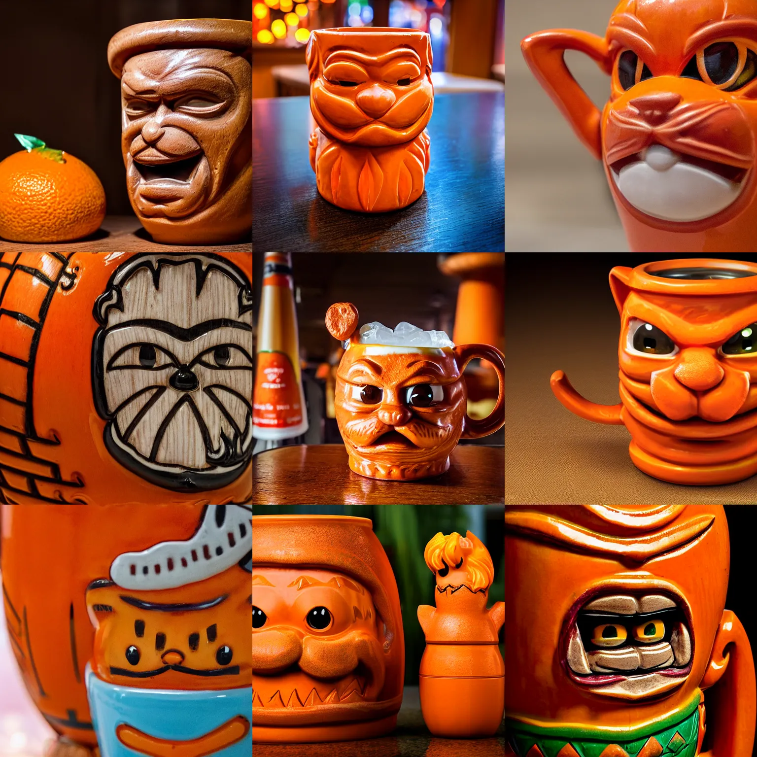 Prompt: a closeup photorealistic photograph of an orange garfield cat style tiki mug at a trader vic's bar with garfield's face on the front. tiki party. bright scene. fine detail. this 4 k hd image is trending on artstation, featured on behance, well - rendered, extra crisp, features intricate detail, epic composition and the style of unreal engine.