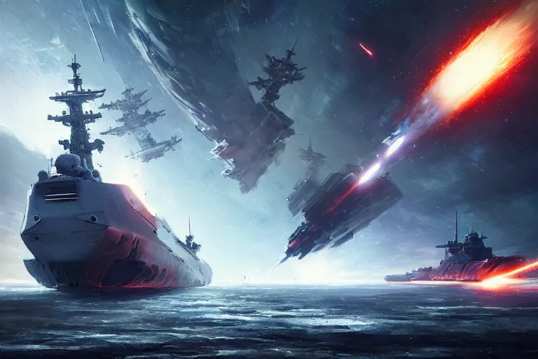 Prompt: large scale space battle, a large warship is exploding, epic science fiction digital art by greg rutkowski