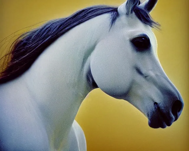 Image similar to soft lit 1990s fashion photograph of the most beautiful horse anyone has ever see, I mean this horse is so gorgeous that people cry when they see it because they're so overcome with the emotion of beholding it in all its splendor and glory. THE HORSE IS SELF AWARE