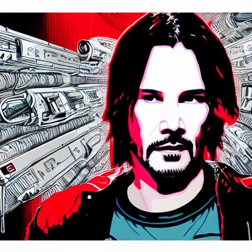 Prompt: Illustrated by Shepard Fairey and H.R. Geiger | Cyberpunk Keanu Reeves with VR helmet, surrounded by cables