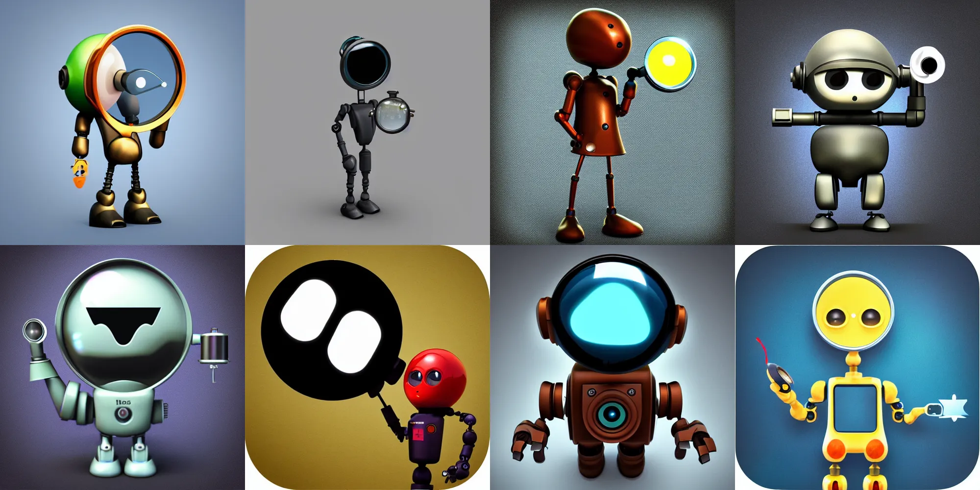 Prompt: an ios icon of a cute!!!!!! robot detective holding a magnifying glass, zbrush, skeumorphism, apple design award winning, trending on art station, pixar