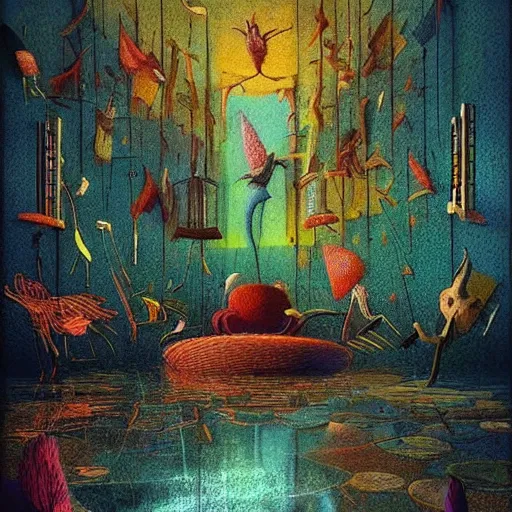 Image similar to colourful scene from a dream. digital artwork by vincent bons, michael whelan, remedios varo and gerardo dottori. grainy and rough. interesting pastel colour palette. beautiful light. oil and water colour based on high quality render.