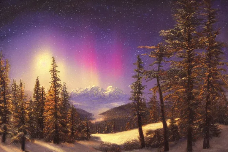 Prompt: mountains, trees, beautiful nature, winter, night, northern lights, stars, very detailed, focused, cinematic lighting, oil painting, colorful, canvas, artstation, Sydney Mortimer Laurence, Albert Bierstadt