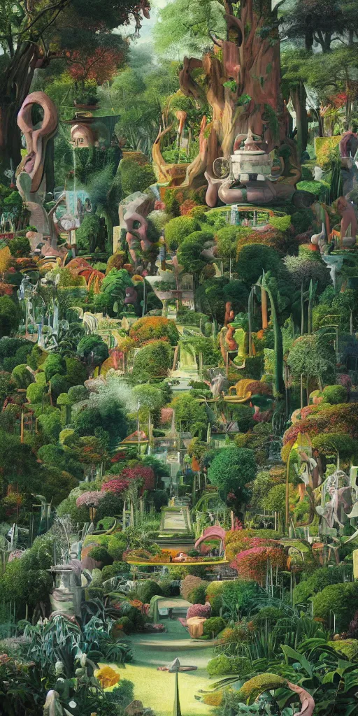 Prompt: bosch and beeple and beeple painting of a magnificent garden filled with remarkable sculptures, trees, and structures, incredible details