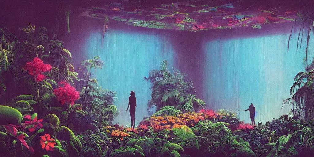 Image similar to 70s jungle with big wild flowers windows, figures, soft neon lights, bright colors, cinematic, cyberpunk, smooth, chrome, lofi, nebula, calming, dramatic, fantasy, by Moebius, by zdzisław beksiński, fantasy LUT, studio ghibli, high contrast, epic composition, sci-fi, dreamlike, surreal, angelic, 8k, unreal engine, hyper realistic, fantasy concept art, XF IQ4, 150MP, 50mm, F1.4, ISO 200, 1/160s, natural light, Adobe Lightroom, photolab, Affinity Photo, PhotoDirector 365