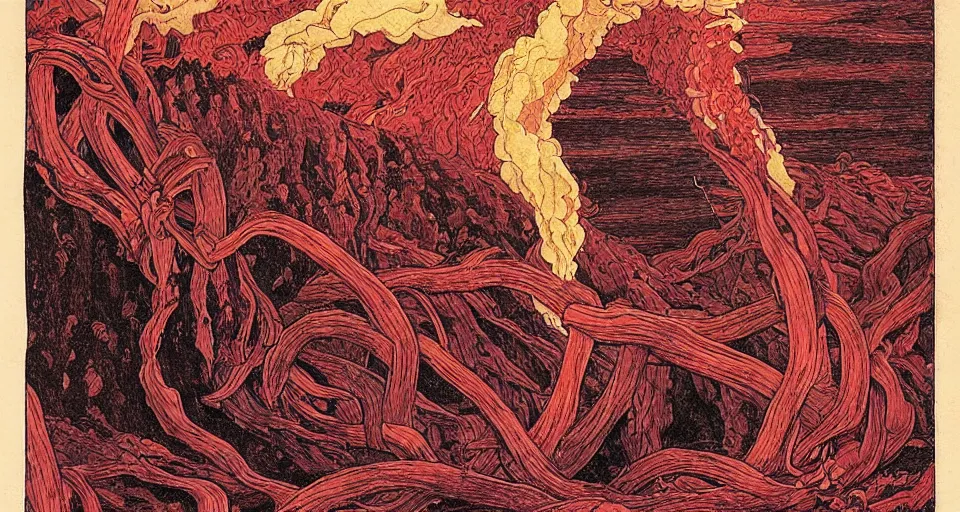 Prompt: a volcano made of ivory vines and crimson rocks enters in eruption, it spits a smoke in the shape of demonic eye, by Ivan Bilibin,