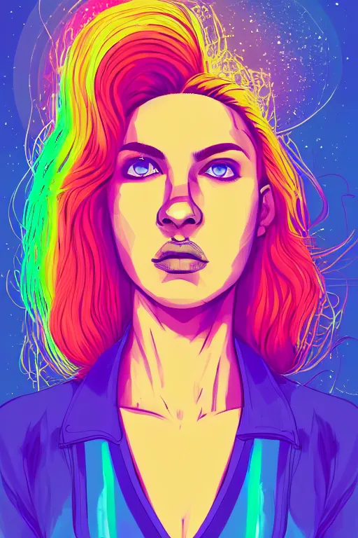 Image similar to a award winning half body portrait of a beautiful woman with stunning eyes in a croptop and cargo pants with rainbow colored ombre hairstyle head in motion and hair flying by josan gonzales, outrun, vaporware, shaded flat illustration, digital art, trending on artstation, highly detailed, fine detail, intricate