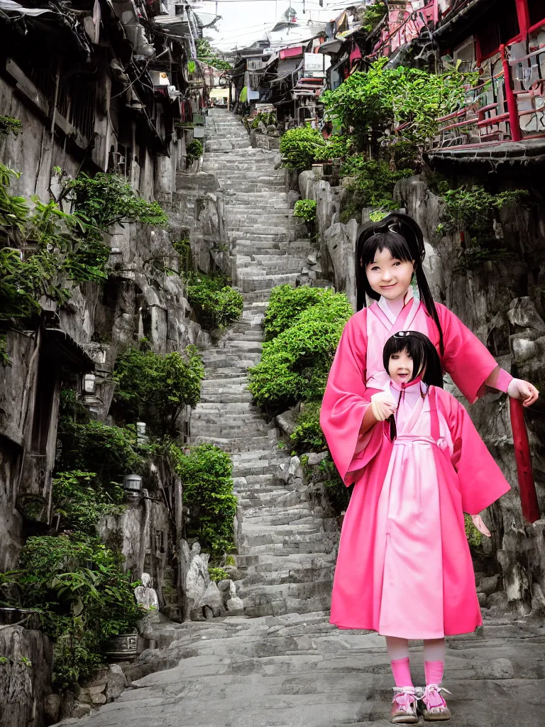 Image similar to 2 0 0 1 digital photo of a young japanese girl cosplaying as chihiro from “ spirited away ”, in a beautiful location of jiufen in taiwan. highly - detailed professional photography.