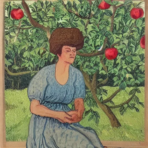 Prompt: in the style of iraklij toidze. woman sitting under an apple tree. fine detail