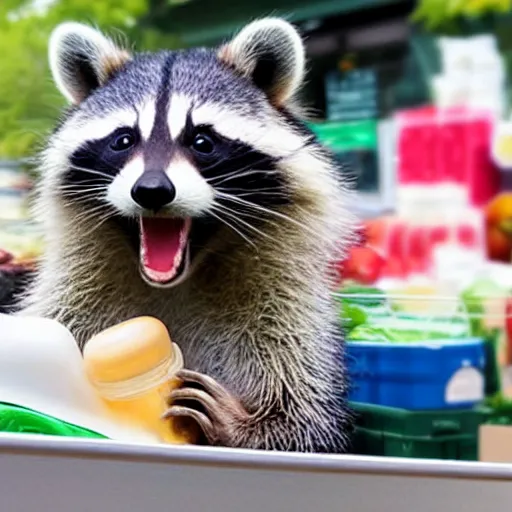 Prompt: happy raccoon pushing a grocery cart filled with medical supplies, a laptop and a face mask