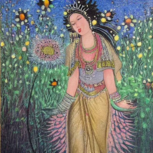 Image similar to detailed painting of a goddess walking through a medow, flowers bloom where she steps