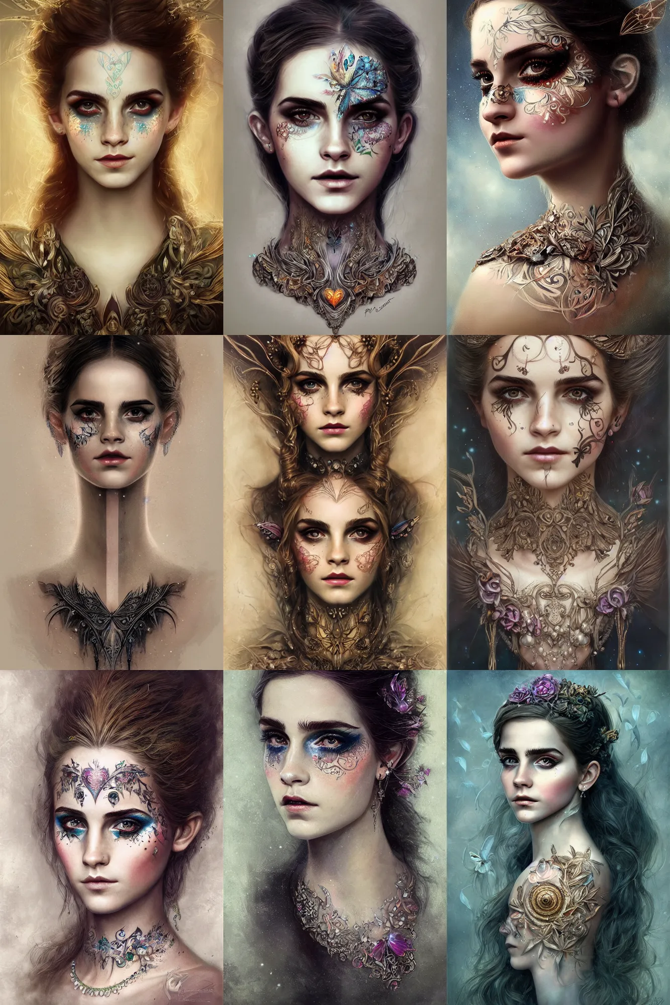 Prompt: portrait of fairy, symmetric, facepaint facepaint facepaint, intricate jewelry, trending on artstation 4 k, high quality, in the style of karol bak, tom bagshaw, charlie bowater, bust with face of emma watson, tattoos