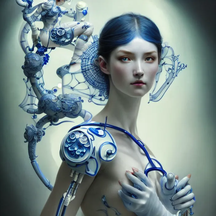 Prompt: porcelain cyborg medical assistant, Chinese Blue and white porcelain, diffuse lighting, fantasy, intricate, elegant, highly detailed, lifelike, photorealistic, digital painting, artstation, illustration, concept art, smooth, sharp focus, art by John Collier and Albert Aublet and Krenz Cushart and Artem Demura and Alphonse Mucha