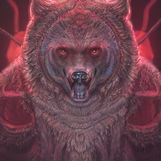 Image similar to photorealistic demon bear in the style of michael whelan and gustave dore. hyperdetailed photorealism, 1 0 8 megapixels, amazing depth, glowing rich colors, powerful imagery, psychedelic overtones, 3 d finalrender, 3 d shading, cinematic lighting, artstation concept art