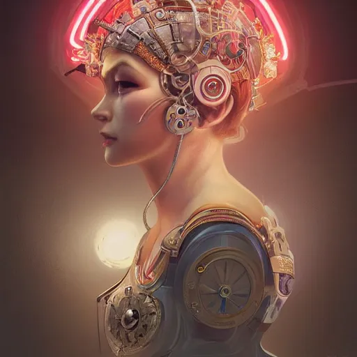 Image similar to portrait futuristic queen elizabeth steampunk half - cyborg, neon light rooftop, fantasy, intricate and very very beautiful and elegant, highly detailed, digital painting, artstation, concept art, smooth and sharp focus, illustration, art by tan zi and ayanamikodon and alphonse mucha and wlop