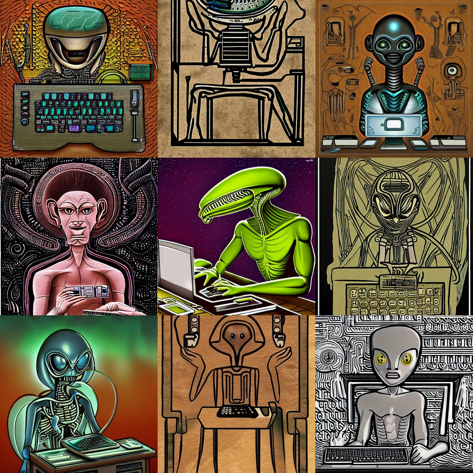 Prompt: an alien working on a computer in the style of ancient sumerian art, hyper - realistic, extremely detailed