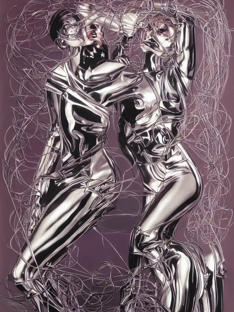 Image similar to a Royal portrait of chrome android woman as illustrated by Hajime Sorayama. 1991
