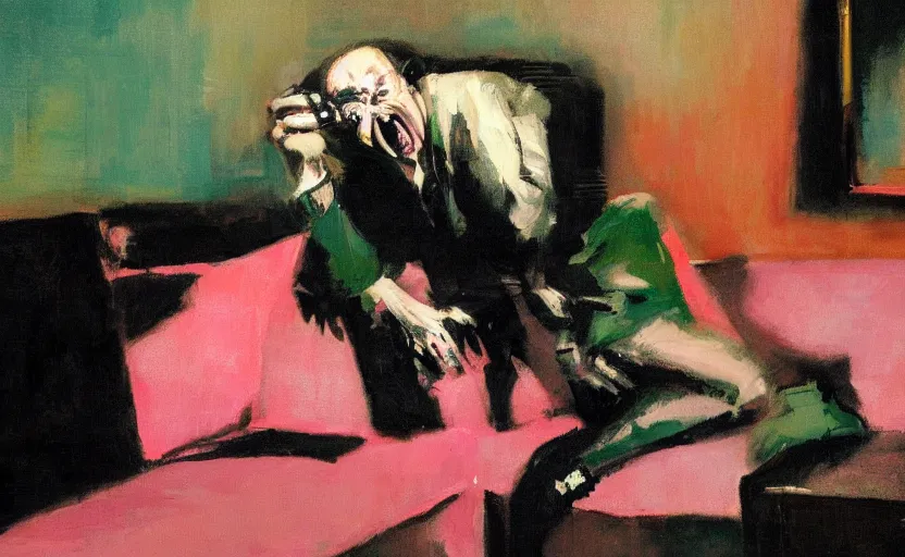Prompt: a thin man screams at a telephone beside a sofa in a dark living room, painted by phil hale and rick berry and jeremy mann, pink and green, highly detailed