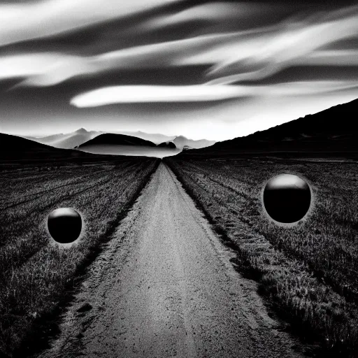 Image similar to aliens invading earth in the style of ansel adams, black and white, old, master photography