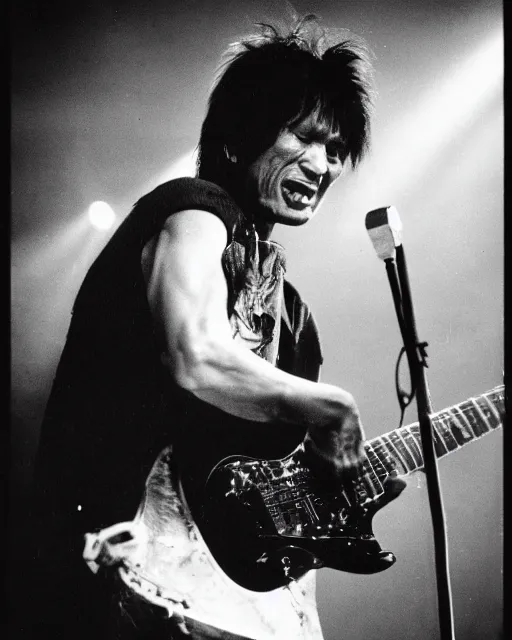 Image similar to sixty years old viktor tsoi with guitar in his hands, photo, microphone, rock concert, black and white, iso 6 0 0, 3 5 mm, codac gold