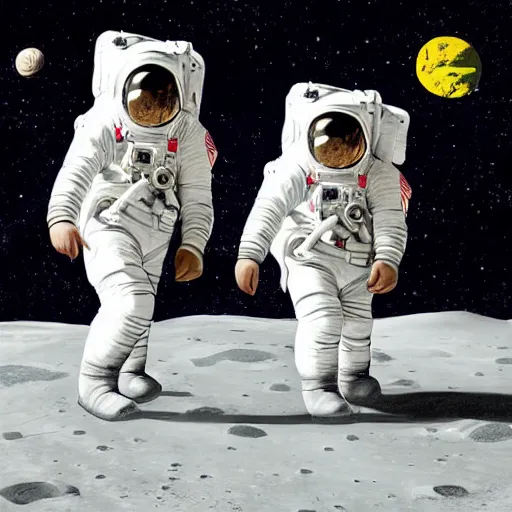 Prompt: astronauts walking on the moon with earth on the background, painting style of samdoesarts