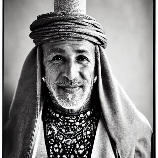 Prompt: A Moroccan wizard, portrait, by Mario Testino