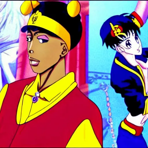 Image similar to a screenshot of tupac in the anime sailor moon ( 1 9 9 2 )