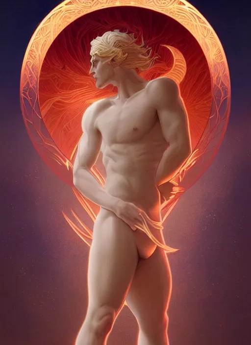 Prompt: the pale blond sun god apollo smirking, full body shot, sci fi, glowing eyes, volumetric lights, red and cyan theme, art nouveau botanicals, intricate, highly detailed, digital painting, artstation, concept art, smooth, sharp focus, cinematic, illustration, beautiful face, art by artgerm and greg rutkowski and alphonse mucha