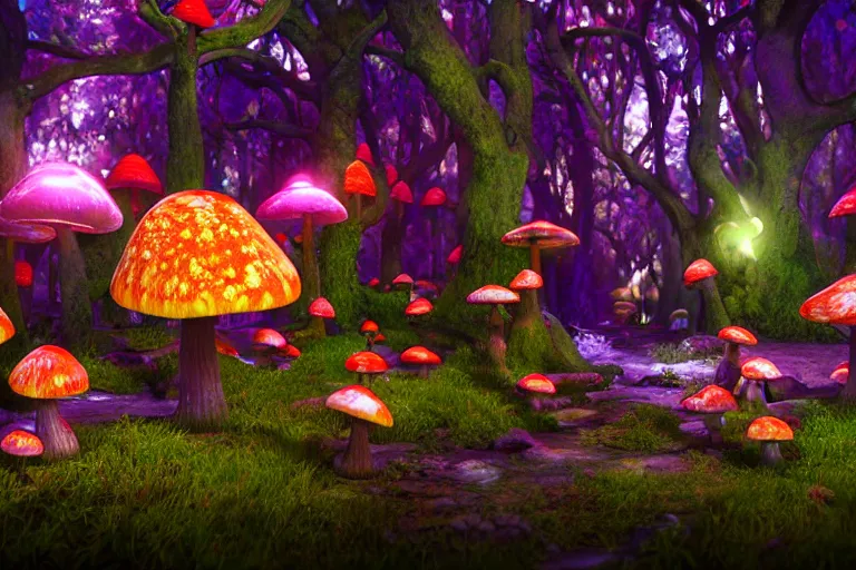 Image similar to An enchanted fantasy forest. Glowing mushrooms. Critters all around. Colorful. Cinematic lighting. Photorealism.