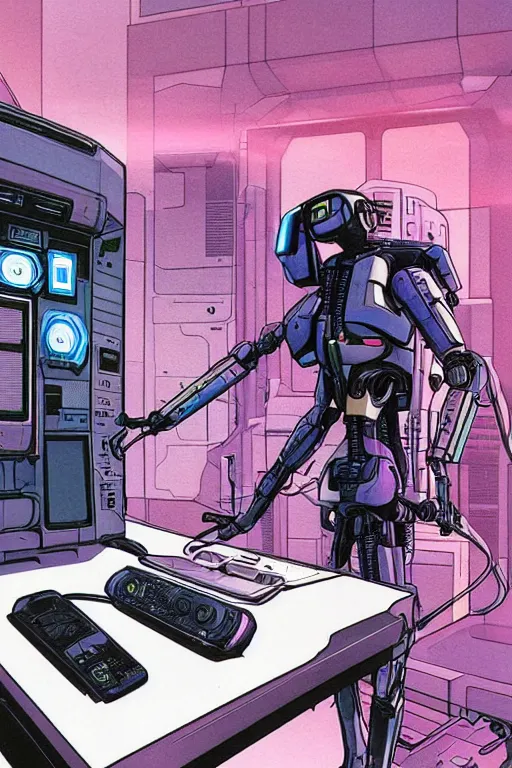Image similar to a comic illustration of an android merging with a computer console, the console is tall and imposing, there are many cables on the floor, futuristic, ghost in the shell, cyberpunk, neon colors, art by Moebius and jean giraud and greg rutkowski