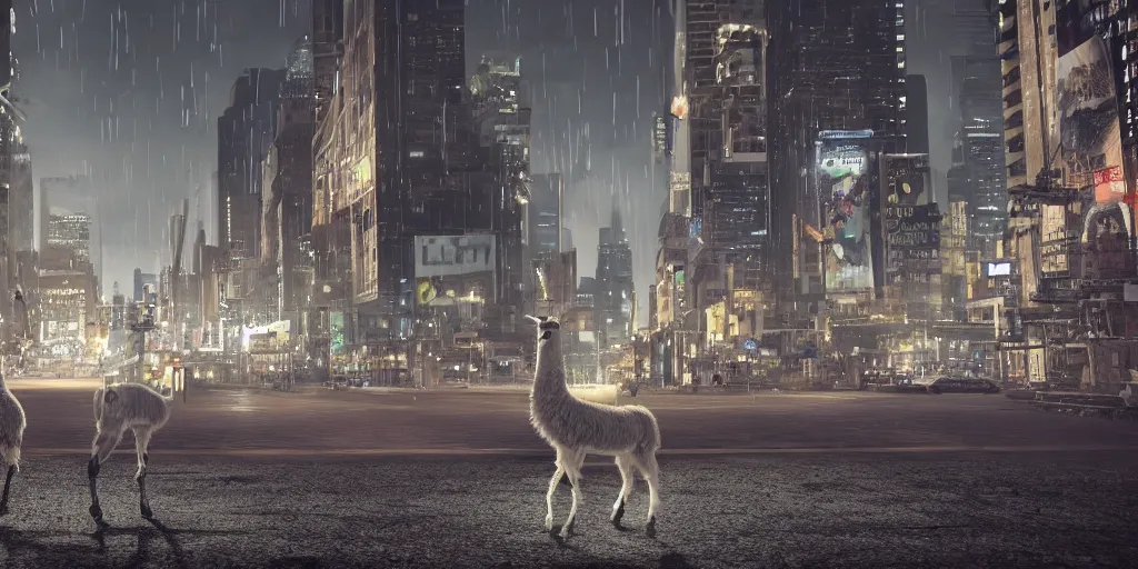 Image similar to a llama walking through a desolate city street at night, statue of liberty seen in the background, realistic 4 k octane beautifully detailed render, 4 k post - processing, highly detailed, intricate complexity, epic composition, magical atmosphere, cinematic lighting, masterpiece, ultra hd