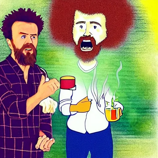 Image similar to angry bob ross screaming at jessie pinkman