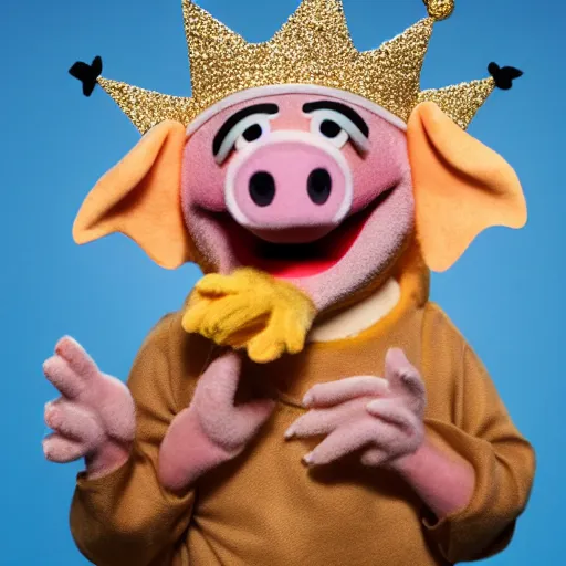 Prompt: pig hiker wearing a gold crown as a Muppet holding a silver platter 8k