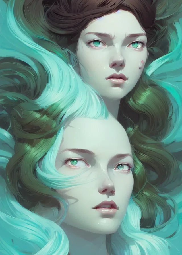 Prompt: beautiful artistic - wave highly detailed portrait female, front facing, long green hair, by atey ghailan, by greg rutkowski, by greg tocchini, by james gilleard, by joe fenton, by kaethe butcher, dynamic lighting, gradient light blue, brown, blonde cream and white color scheme, grunge aesthetic