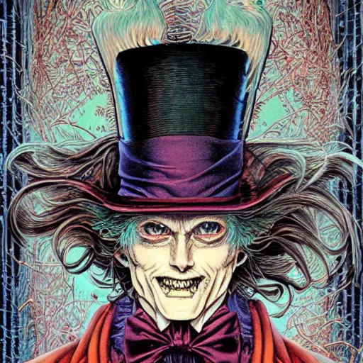 Image similar to portrait of the mad hatter, symmetrical, by yoichi hatakenaka, masamune shirow, josan gonzales and dan mumford, ayami kojima, takato yamamoto, barclay shaw, karol bak, yukito kishiro, beksinski