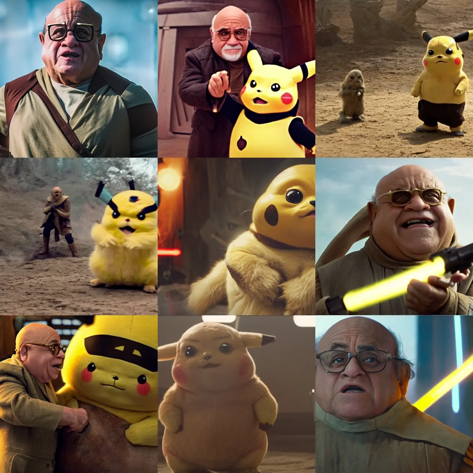 Prompt: film still from star wars the force awakens danny devito as pikachu