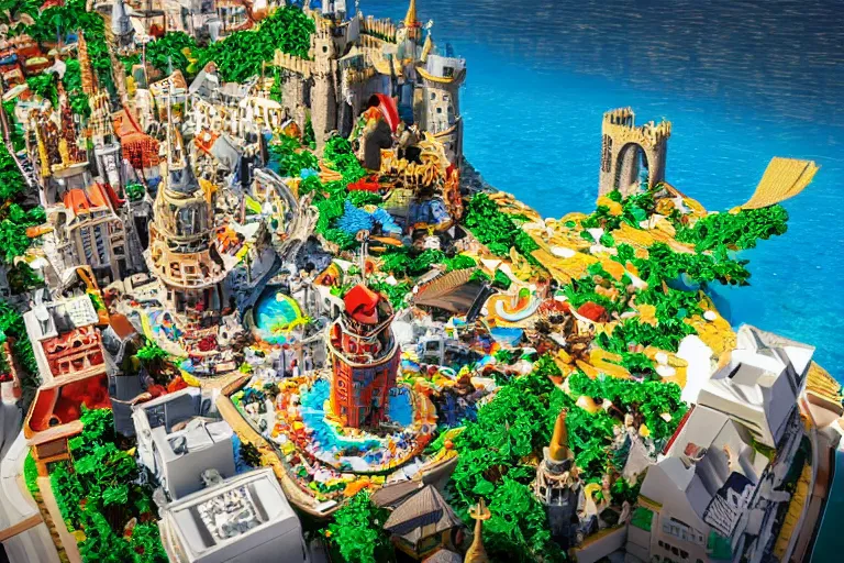 Image similar to a giant from Gulliver's Travels made out of Lego looking down on a Castle city made out of Lego, sunny day, tropical beach, octane render,