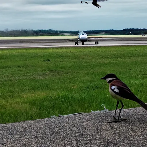 Prompt: a bird from behind and a plane arriving