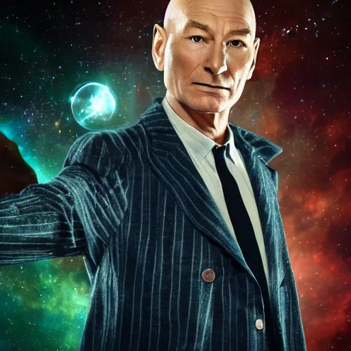 Image similar to doctor who played by Patrick Stewart, cinematic photo, distance shot,