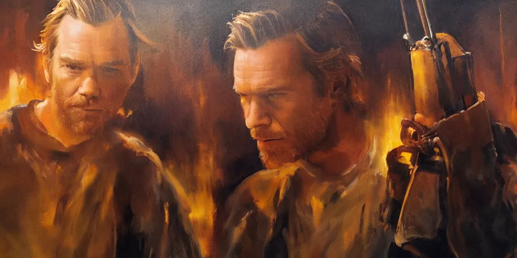 Image similar to we see ewan mcgregor from side. atmospheric feeling, warm colours, brown colours, yellow colours, epic scene, cinematic, very detailed, oil painting