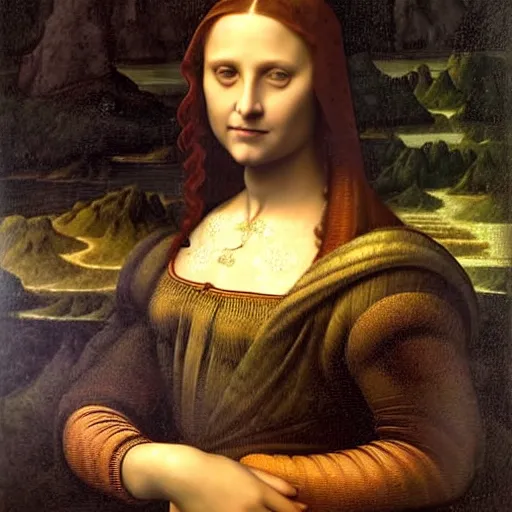 Image similar to portrait of a beautiful woman at a lake, oil painting by Da Vinci