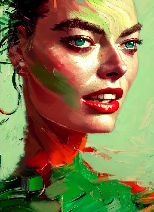 Image similar to close up portrait of ymargot robbie, sensual, ecstatic, shades green and red, beautiful face, rule of thirds, intricate outfit, spotlight, by greg rutkowski, by jeremy mann, by francoise nielly, by van gogh, digital painting