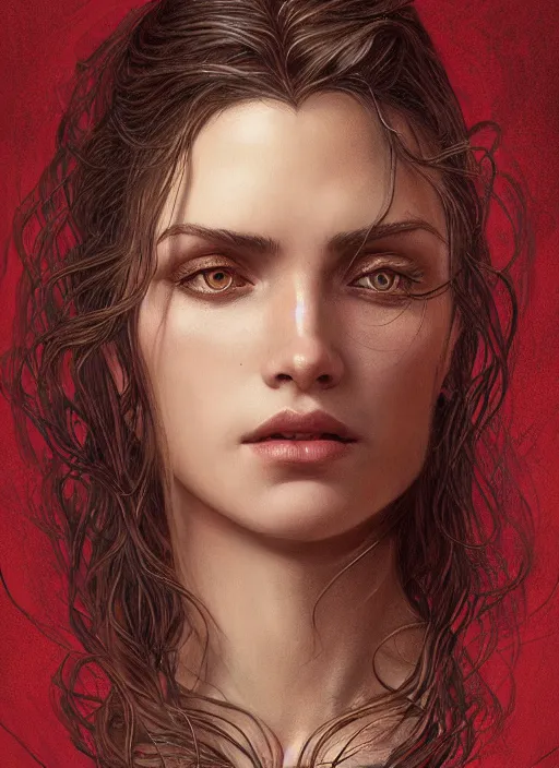 Image similar to vertical portrait of a ruggedly handsome female cleric, soft hair, close - up face, leather, witchy, d & d, fantasy, intricate, elegant, highly detailed, digital painting, artstation, concept art, smooth, sharp focus, illustration, art by artgerm and greg rutkowski and alphonse mucha, plain red background