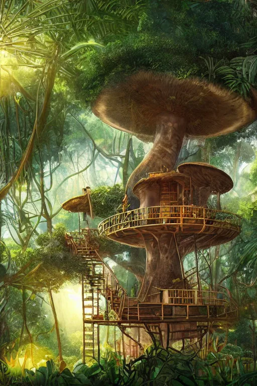 Image similar to a tree house in the jungle, big mushroom, sunshine, by alba ballesta gonzalez and moebius. 4 k wallpaper, digital 2 d, comic, illustration, extremely detailed, cinematic lighting, smooth sharp focus.