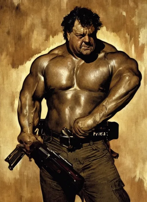 Image similar to gk chesterton as a buff action hero with muscles and a shotgun. portrait by james gurney craig mullins and alphonso mucha. realistic face. expressive.