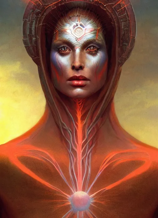 Image similar to biblical beautiful female druid android, shiva, glowing veins, in clouds, sunset, portrait by wayne barlowe, by peter elson, muted colors, by frank frazetta, extreme detail, reflections, trending on artstation, 8 k