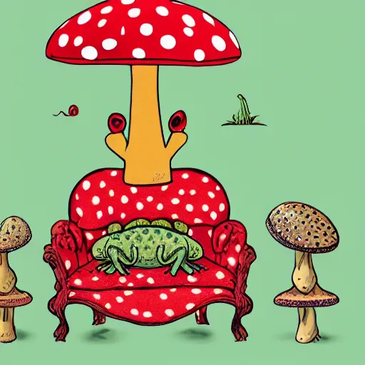 Image similar to A toad seated on an amanita-colored chair, a frog in a relaxing pose manspreading on a toadstool, chair with a red polka dot pattern