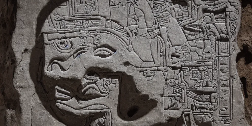 Image similar to pascal votan the space navigator as etched in stone, Mayan hieroglyph by Liam Wong and Boris Vallejo