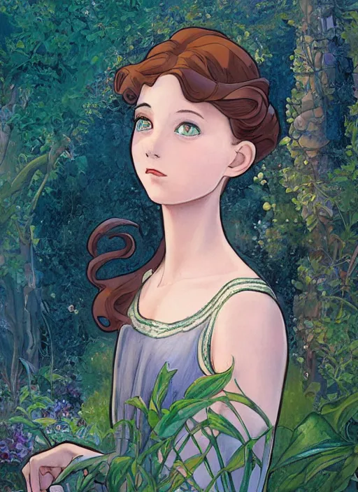 Image similar to well - lit art nouveau face portrait of a 1 3 - year old ballet girl in the garden, natural lighting, path traced, highly detailed, high quality, cartoon, digital painting, by don bluth and ross tran and studio ghibli