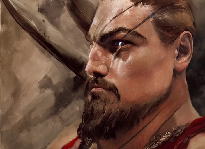 Image similar to a highly detailed beautiful portrait of leonardo dicaprio as kratos, by gregory manchess, james gurney, james jean